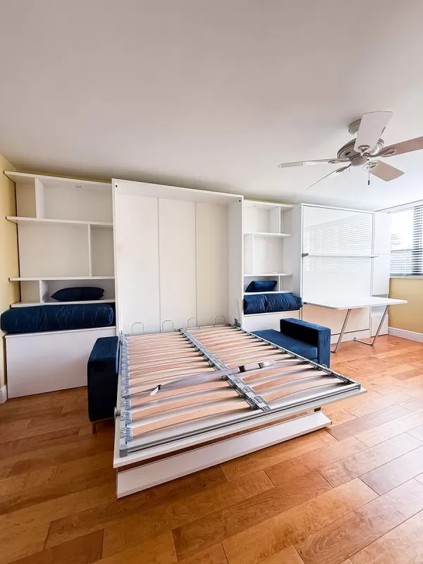 Royal Queen Wall Bed With Sectional Sofa Self Leveling Desk Wardrobes and Bookcase Set 2