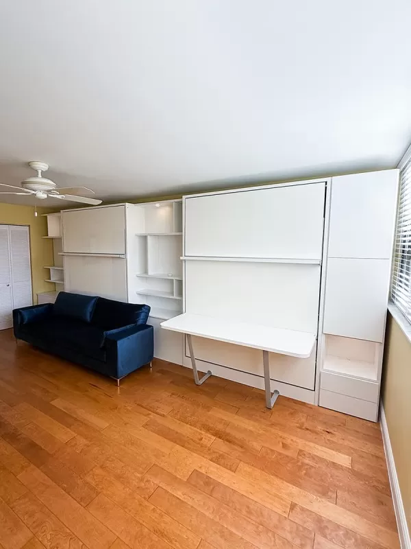 Royal Queen Wall Bed With Sectional Sofa Self Leveling Desk Wardrobes and Bookcase Set 4