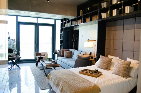 ROYAL Queen Wall Bed with Sectional Sofa and Bookcase Set