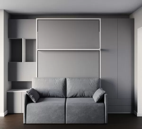 Royal Full / Full XL Wall Bed with Sectional Sofa, Wardrobe and Bookcases