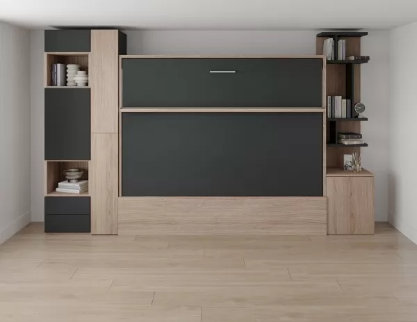 Royal Horizontal Queen Wall Bed with Wardrobe and Bookcase Set