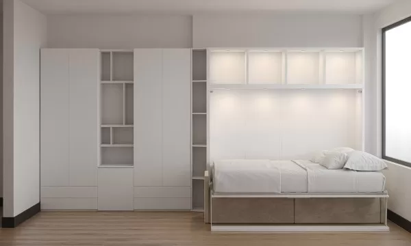 Royal Horizontal Queen Wall Bed with Sectional Sofa Bookcase and Wardrobe 2