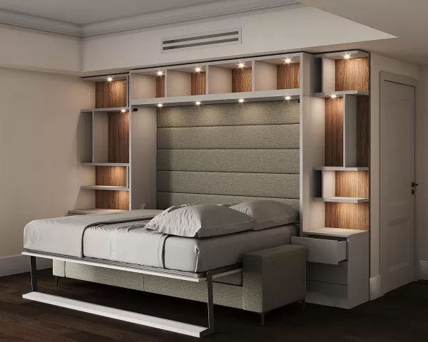 Royal Horizontal Queen Wall Bed with Sectional Sofa and Bookcase 10