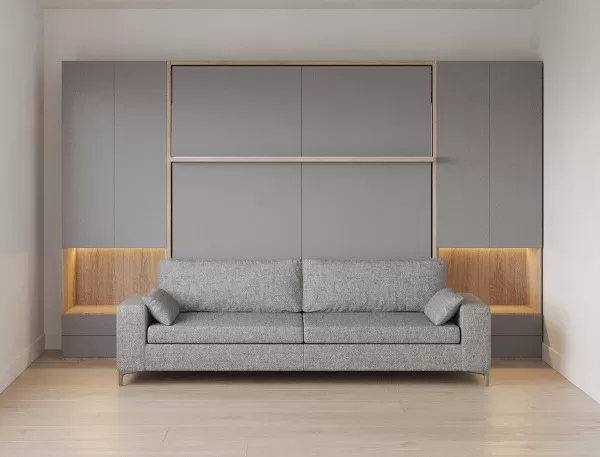 Royal King Murphy Bed with Sectional Sofa and Wardrobes