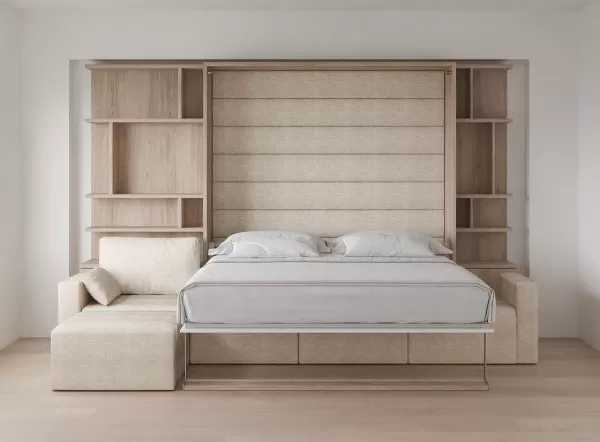 Royal King Murphy Bed with Sectional Sofa and Bookcase 4