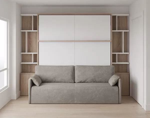 Royal King Murphy Bed with Sectional Sofa and Bookcase 7