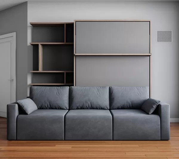 ROYAL Queen Wall Bed with Sectional Sofa and Bookcase Set