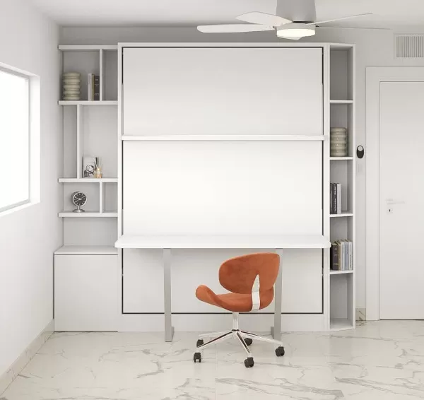 ROYAL Queen Wall Bed with Self Leveling Desk and Bookcase Set