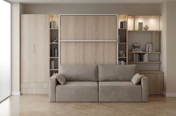 ROYAL Queen Wall Bed with Sectional Sofa and Bookcase Set