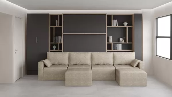 Royal Queen Wall Bed with Sectional Sofa Wardrobe and Bookcase Set 1