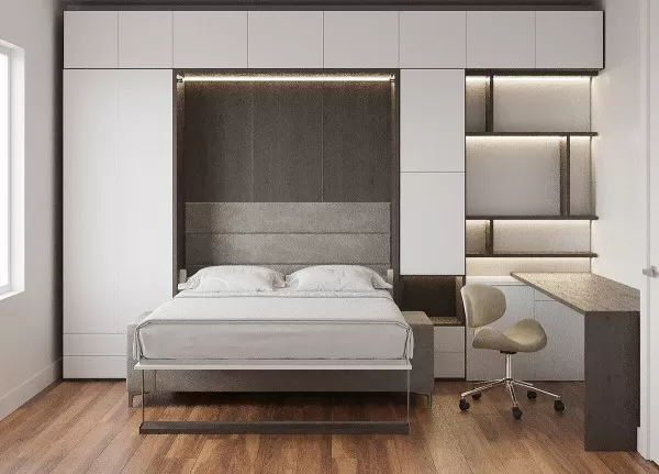 Royal Queen Wall Bed with Sectional Sofa Wardrobe and Bookcase Set 107