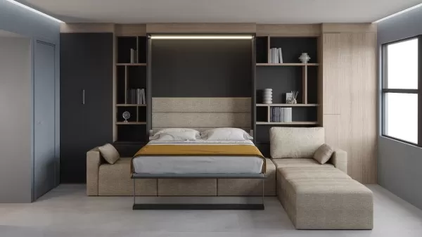 Royal Queen Wall Bed with Sectional Sofa Wardrobe and Bookcase Set 17