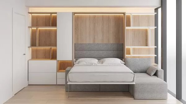 Royal Queen Wall Bed with Sectional Sofa Wardrobe and Bookcase Set 183