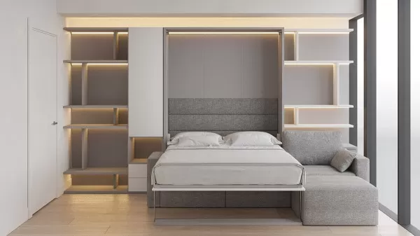 Royal Queen Wall Bed with Sectional Sofa Wardrobe and Bookcase Set 185