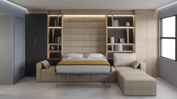 Royal Queen Wall Bed with Sectional Sofa Wardrobe and Bookcase Set 19