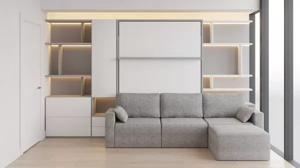 Royal Queen Wall Bed with Sectional Sofa Wardrobe and Bookcase Set 190