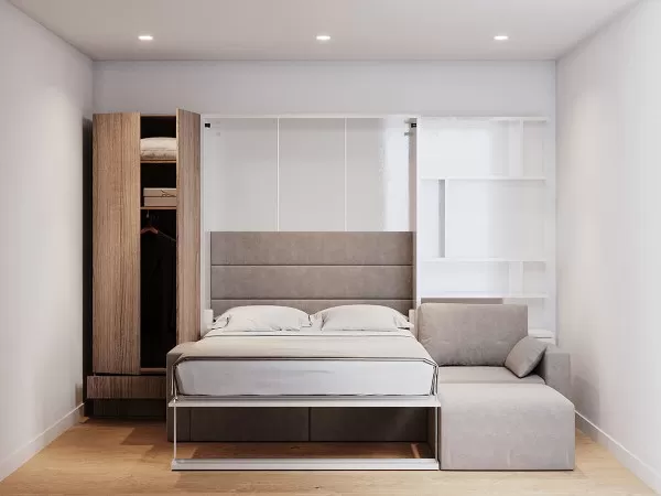 Royal Queen Wall Bed with Sectional Sofa Wardrobe and Bookcase Set 208