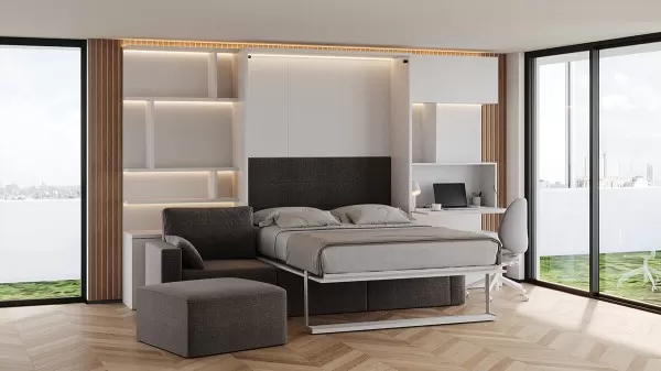 Royal Queen Wall Bed with Sectional Sofa Wardrobe and Bookcase Set 230