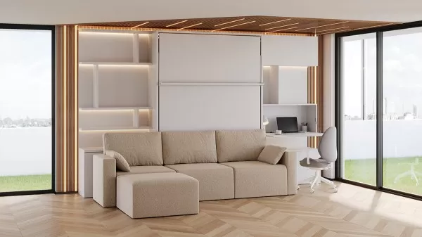 Royal Queen Wall Bed with Sectional Sofa Wardrobe and Bookcase Set 231