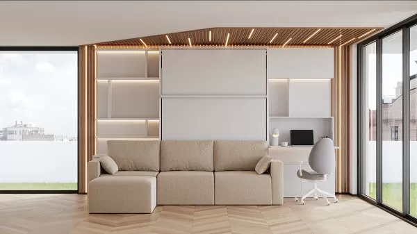 Royal Queen Wall Bed with Sectional Sofa Wardrobe and Bookcase Set 232