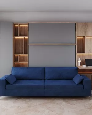 D - ROYAL Queen Wall Bed with Sectional Sofa, Wardrobe and Bookcases