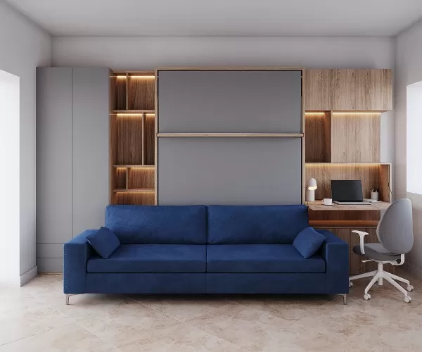 ROYAL Queen Wall Bed with Sectional Sofa, Wardrobe and Bookcases