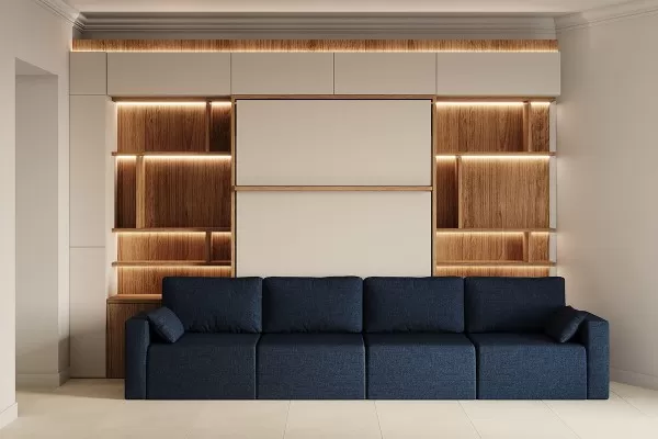 ROYAL Queen Wall Bed with Sectional Sofa Bookcase and Wardrobe