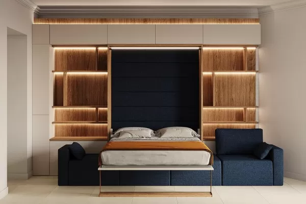 Royal Queen Wall Bed with Sectional Sofa Wardrobe and Bookcase Set 253