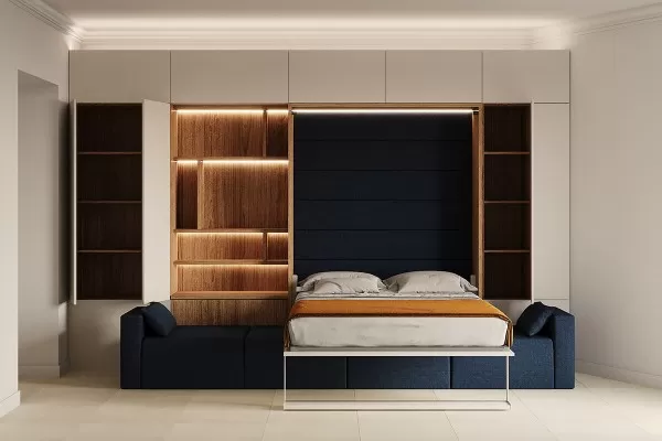 Royal Queen Wall Bed with Sectional Sofa Wardrobe and Bookcase Set 255