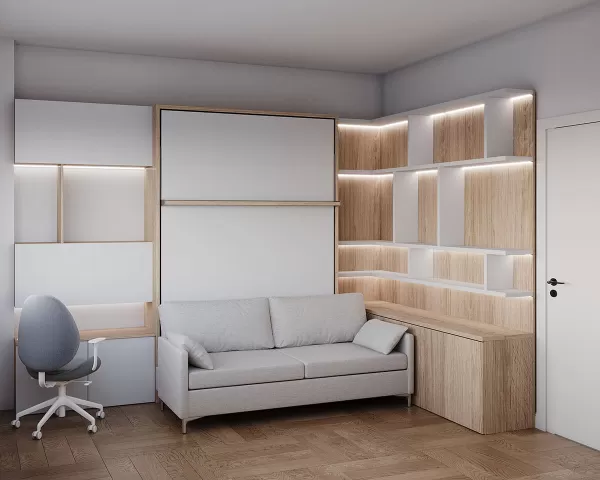 Royal Queen and Twin Wall Bed with Sectional Sofa Bookcase and Wardrobe