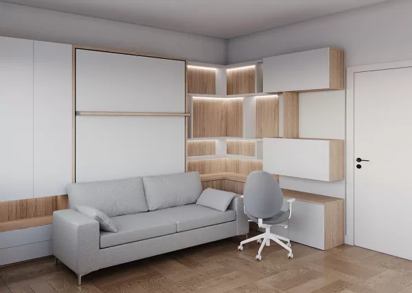 Royal Queen and Twin Wall Bed with Sectional Sofa Bookcase and Wardrobe