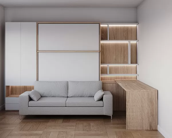 Royal Queen and Twin Wall Bed with Sectional Sofa Bookcase and Wardrobe