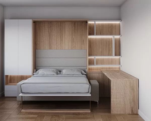 Royal Queen and Twin Wall Bed with Sectional Sofa Bookcase and Wardrobe