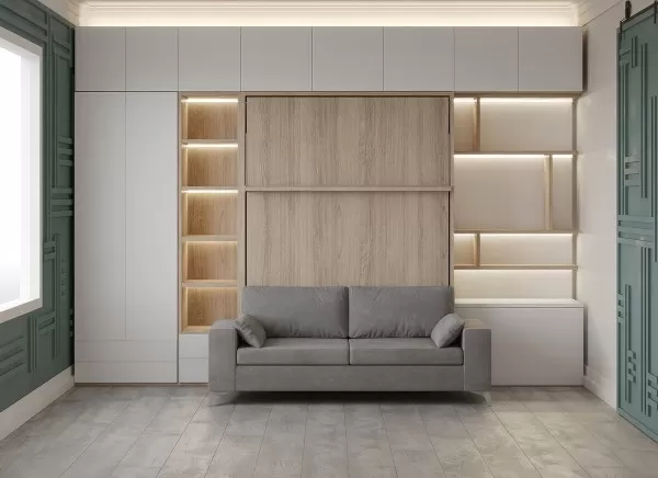 Royal Queen Wall Bed with Sectional Sofa Wardrobe and Bookcase Set 64