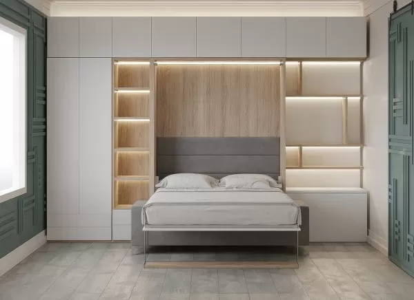 Royal Queen Wall Bed with Sectional Sofa Wardrobe and Bookcase Set 65