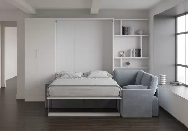 Royal Queen Wall Bed with Sectional Sofa Wardrobe and Bookcase Set 77