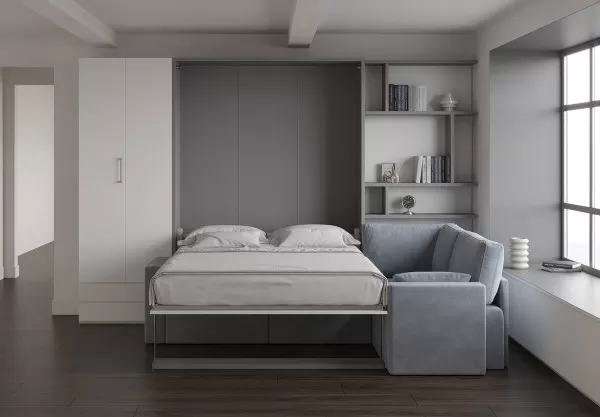 Royal Queen Wall Bed with Sectional Sofa Wardrobe and Bookcase Set 78