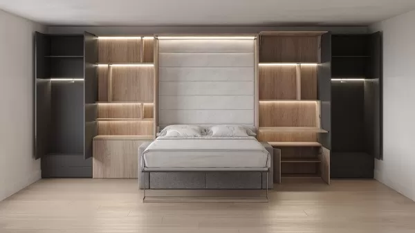 Royal Queen Wall Bed with Sectional Sofa Wardrobe and Bookcase Set 81