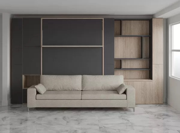 Royal Queen Wall Bed with Sectional Sofa Wardrobe and Bookcase Set 90