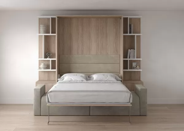 Royal Queen Wall Bed with Sectional Sofa and Bookcase Set 1