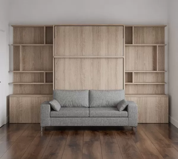 Royal Queen Wall Bed with Sectional Sofa and Bookcase Set 86