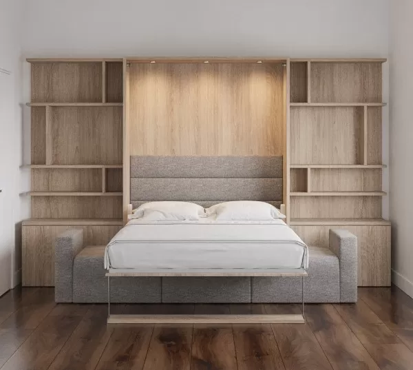 Royal Queen Wall Bed with Sectional Sofa and Bookcase Set 95