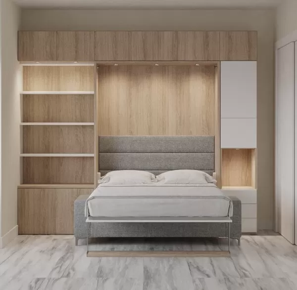 Royal Queen Wall Bed with Wardrobe Bookcases and Sectional Sofa 42