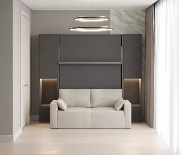 Royal Queen Wall Bed with Wardrobe and Sectional Sofa