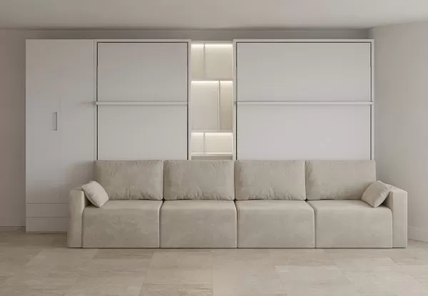 Royal Queen and Twin Wall Bed with Sectional Sofa Bookcase and Wardrobe