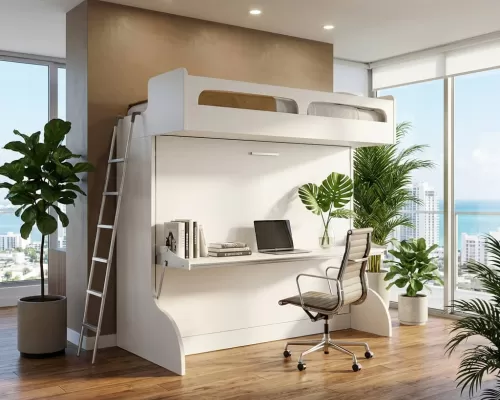 White Castello Twin Over Full Wall Bunk Bed With Desk - 7