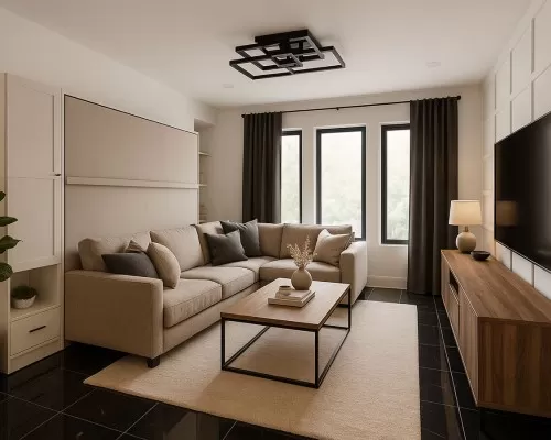 Long Island-themed room featuring the Royal King Murphy Bed bed with sectional sofa and bookcase.